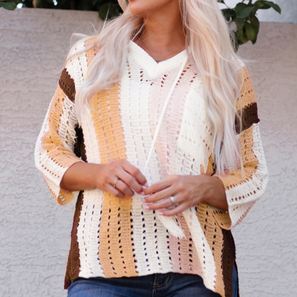 Color Block Openwork Hooded Women's Sweater